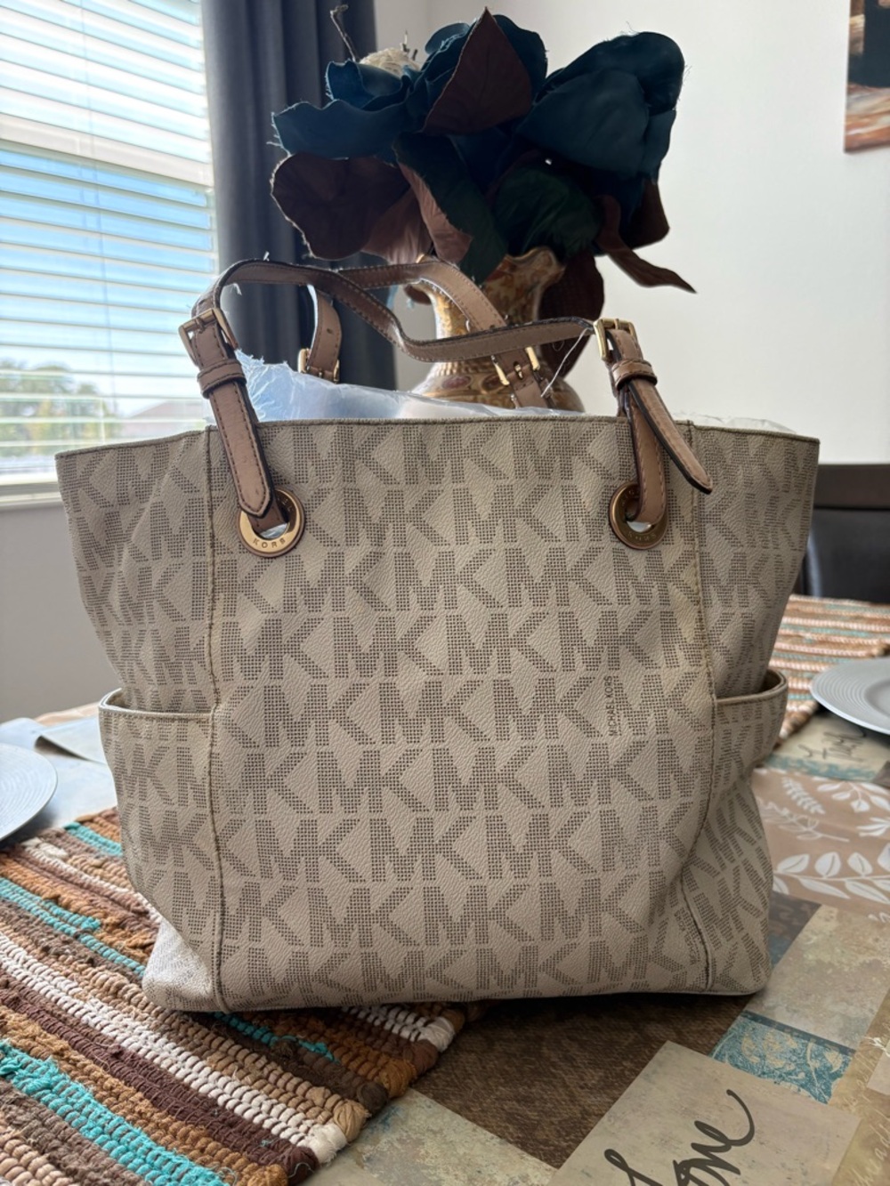 Michael Kors Taupe Signature MK Tote with Gold-Tone Accents rehab have callouts